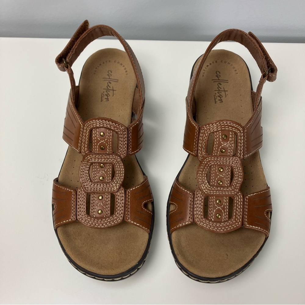 Clarks Collection Leisa Vine Brown Leather Hook & Loop Comfort Sandals 7M